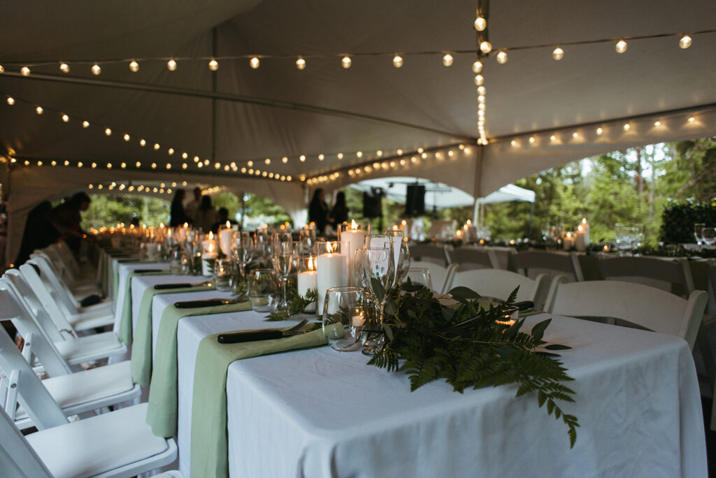 Natural themed wedding reception in the woods of Rossland, BC